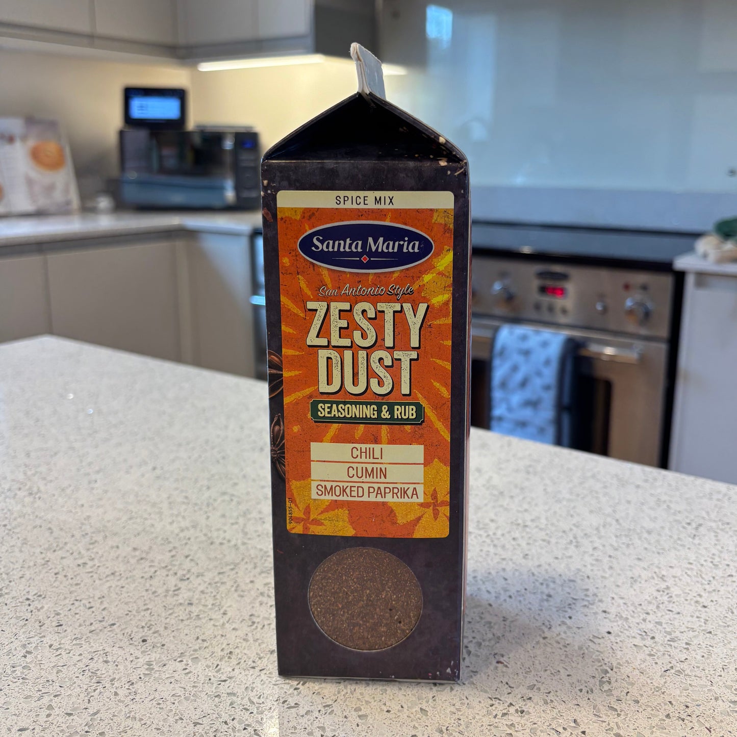 Box of Zesty Dust on a kitchen counter
