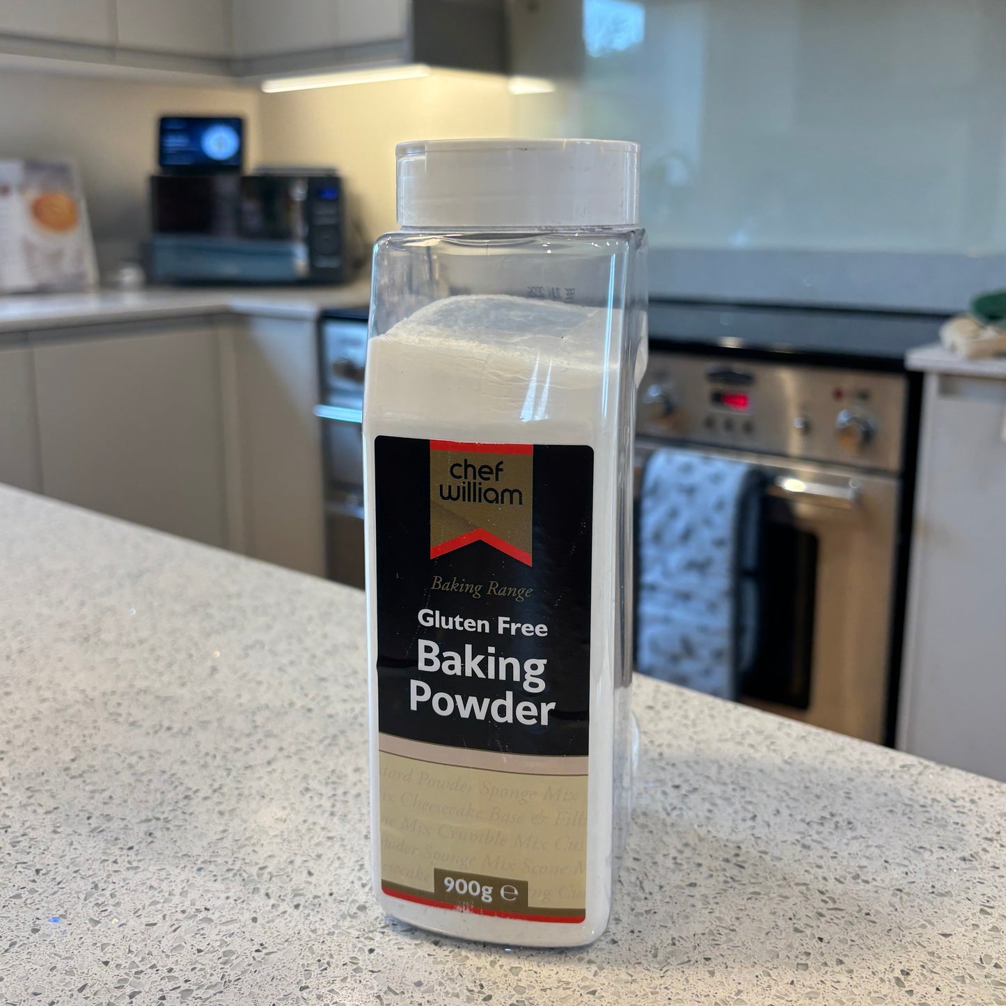 Bottle of Chef Willion Gluten Free Baking Powder on a kitchen counter.