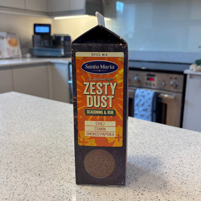 Box of Zesty Dust on a kitchen counter