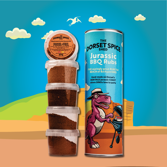 New! Jurassic BBQ Tube 'o' Rubs - 5 Grrreat BBQ Rubs - Free Greetings Card
